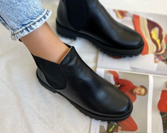 Black Leather Ankle Boots Women, Black Boots, Slip On Boots, Slip On Shoes, Black Leather Shoes, Gift for Her, Made from Full Grain Leather.