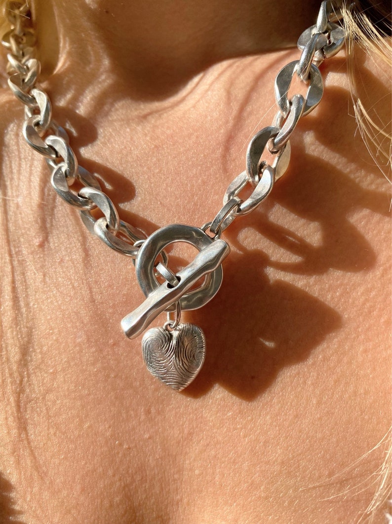 Collar de corazón de cadena de plata, cadena gruesa, collar de mujer, collar de plata, regalo para ella, hecho de acero inoxidable. imagen 9