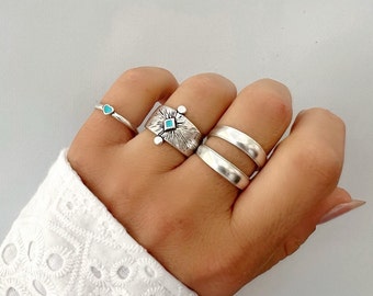 Silver Women Rings, Ethnic Rings, Wide Statement Rings with Turquoise Enamel