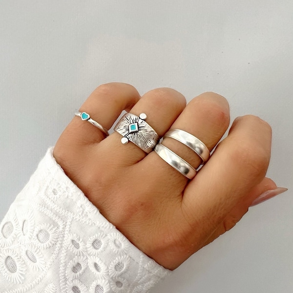 Zilveren etnische ringen, brede statement ringen, zilveren ringen, verstelbare ringen, stapelbare ringen, cadeau voor haar, gemaakt van Sterling Zilver 925.