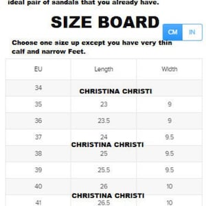 May include: Size chart for women's sandals in European sizes (EU) with corresponding length measurements in centimeters (cm) and width measurements in centimeters (cm). The chart includes the brand name Christina Christi.