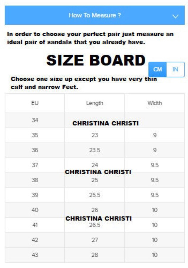 May include: Size chart for women's sandals in European sizes (EU) with corresponding length measurements in centimeters (cm) and width measurements in centimeters (cm). The chart includes the brand name Christina Christi.