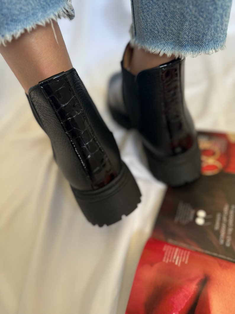 Women Ankle Boots, Black Leather Boots, Slip on Shoes, Black Leather