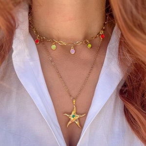 Gold Starfish Necklace, Stainless Steel Necklace, Gold Stones Neckalce, Layerings Necklaces, Beach Necklace, Gift for Her, Made in Greece. zdjęcie 1