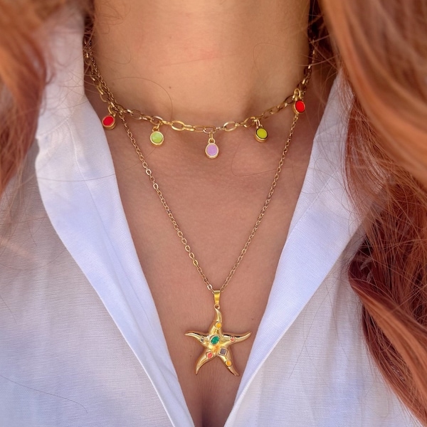 Collier étoile de mer dorée, collier en acier inoxydable, collier pierres dorées, superpositions de colliers, collier de plage, cadeau pour elle, fabriqué en Grèce.