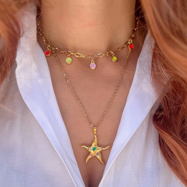 Collana con stella marina d'oro, collana in acciaio inossidabile, collana con pietre d'oro, collane a strati, collana da spiaggia, regalo per lei, prodotto in Grecia.