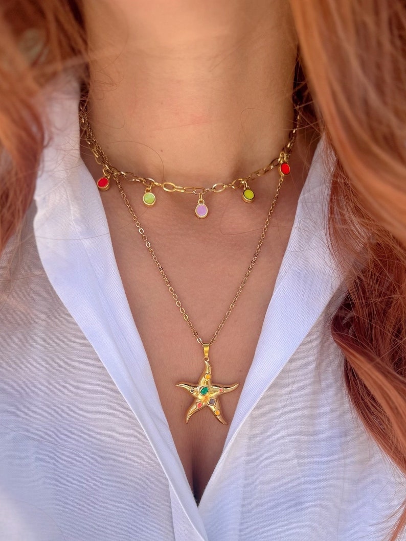 Gold Starfish Necklace, Stainless Steel Necklace, Gold Stones Neckalce, Layerings Necklaces, Beach Necklace, Gift for Her, Made in Greece. zdjęcie 1