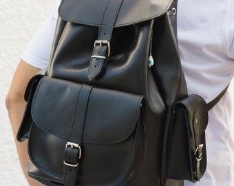 Bolso de piel para hombre, mochila de piel negra, mochila grande, mochila de piel, bolso de viaje, hecho en Grecia.
