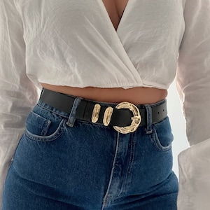 Black Belt Women, Black Leather Belt, Women Belt, Waist Belt, Made from Real Genuine Leather and Gold Buckles, Made in Greece - Gold Waves