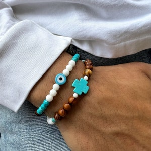 Men’s Turquoise Cross Bracelet – Handmade Adjustable Cord Bracelet – Christian Gift for Him – Boho Spiritual Jewelry – Christina Christi