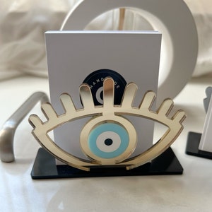 Soporte para tarjetas hecho a mano con forma de mal de ojo, tarjetero de visita, tarjetero de oficina, tarjetero de plexiglás, fabricado en Grecia.