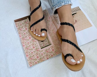 Sandalias de cuero para mujer, sandalias griegas, sandalias de tiras trenzadas, sandalias negras, sandalias de mujer, zapatos de verano, hechos de cuero 100% genuino.