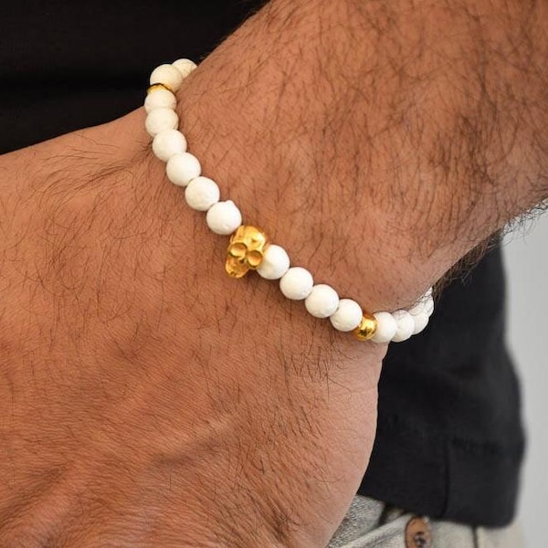 Mens Bracelet, Beaded Bracelet, Gold Bracelet, Skull Bracelet Men, Made in Greece.