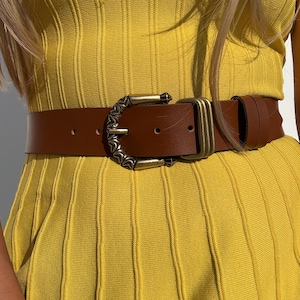 Handmade Brown Leather Belt with Bronze Engraved Buckle – Boho Belt – Wide Genuine Leather Belt for Women, Gift for Her – Christina Christi