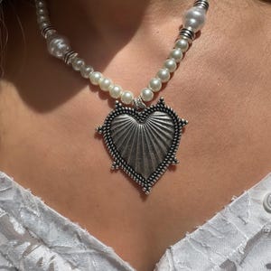 Silver Necklace, Large Heart Necklace, Silver Heart Necklace, :ove Necklace, Faux Pearls Necklace, Statement Necklace, Gift for Her.