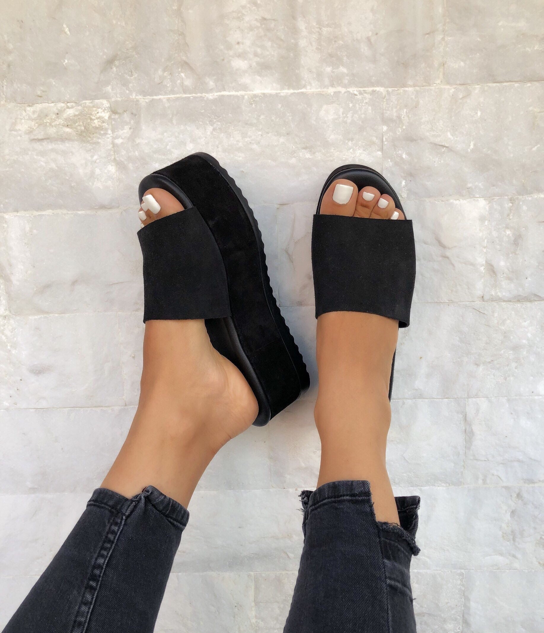 Black Leather Sandals, Black Sandals, Leather Slides Sandals, Women&#…
