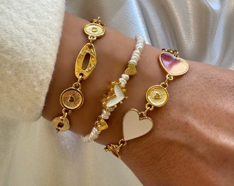 Gold Bracelet, Gold Heart Bracelet Set, Beaded Bracelets, Freshwater Pearls Bracelet,  Enamel Charms Bracelet, Gift fot Her.
