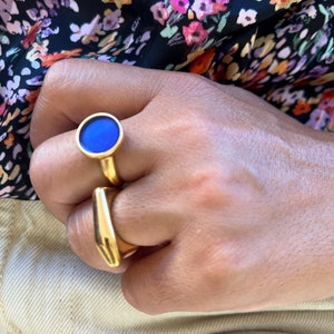 Gold Band Ring: Blue Enamel & Solid Bar, Adjustable Pewter Ring