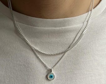 Silver Chain Evil Eye Necklace Men, Silver Chain Men, Protection Necklace Men, Evil Eye Jewelry, Gift for Him, Made from Sterling SIlver 925