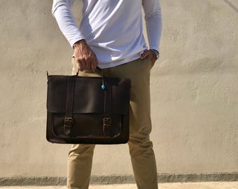 Handgefertigte Leder Messenger Bag, Herren Aktentasche, Leder Laptop Tasche, Braune Ledertasche, Hergestellt aus Vollnarbenleder.
