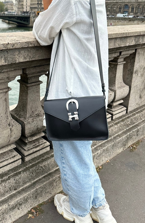 Leather Shoulder Bag Women, Women Handbag Purse Buckles, Black Leather Shoulder Purse, Full Grain Leather, Gift for Her.