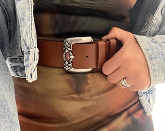 Brown Leather Belt, Wide Belt, Women Leather Belt, Waist Belt with Silver Buckles, Gift for Her, Made from Real Genuine Leather - Hot Sand