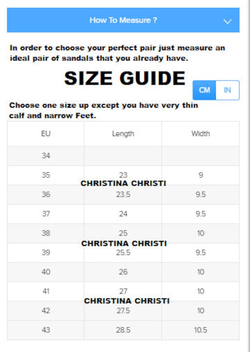 Puede incluir: Una gu&iacute;a de tallas de sandalias, con medidas en cent&iacute;metros y pulgadas. La gu&iacute;a incluye tallas de la UE de la 34 a la 43, con las longitudes y anchuras correspondientes. El texto "CHRISTINA CHRISTI" tambi&eacute;n es visible.