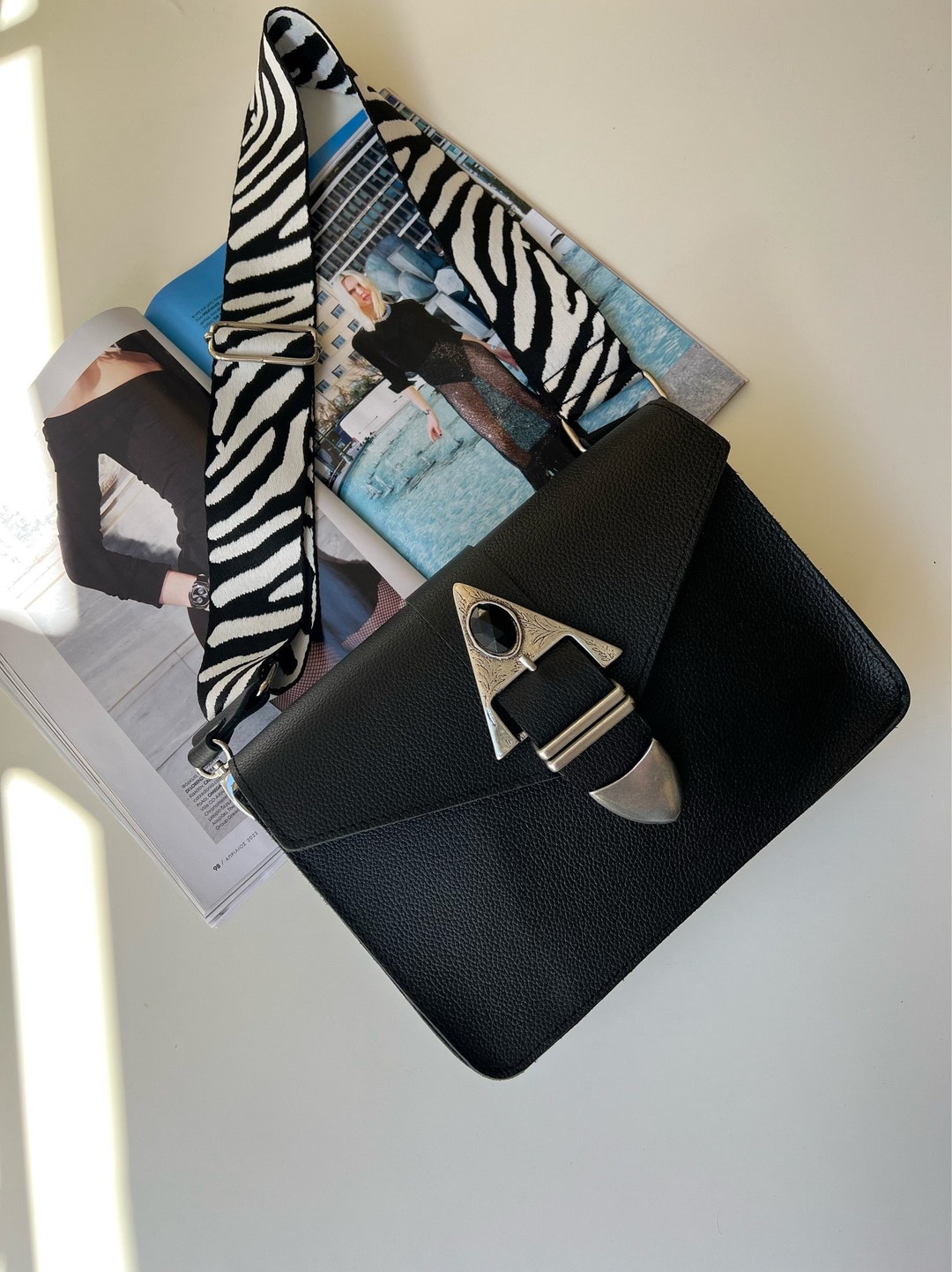 Buy Black Leather Shoulder Bag: Handmade Boho Purse With Animal Print  Strap, by Christina Christi Online in India