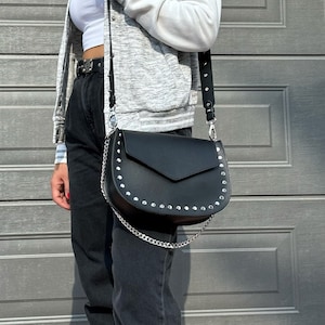 Black Leather Shoulder Bag, Women Leather Purse with Silver Studs, Gift for Her, Made from Full Grain Leather - Total Handmade
