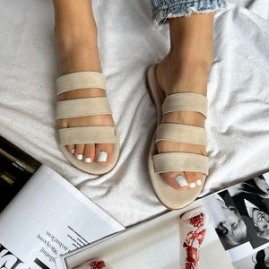 Suede Slide Sandals, Slip On Sandals, Leather Sandals, Gray Sandals, Summer Shoes, Gift for Her, Made from 100% Suede Leather in Greece.