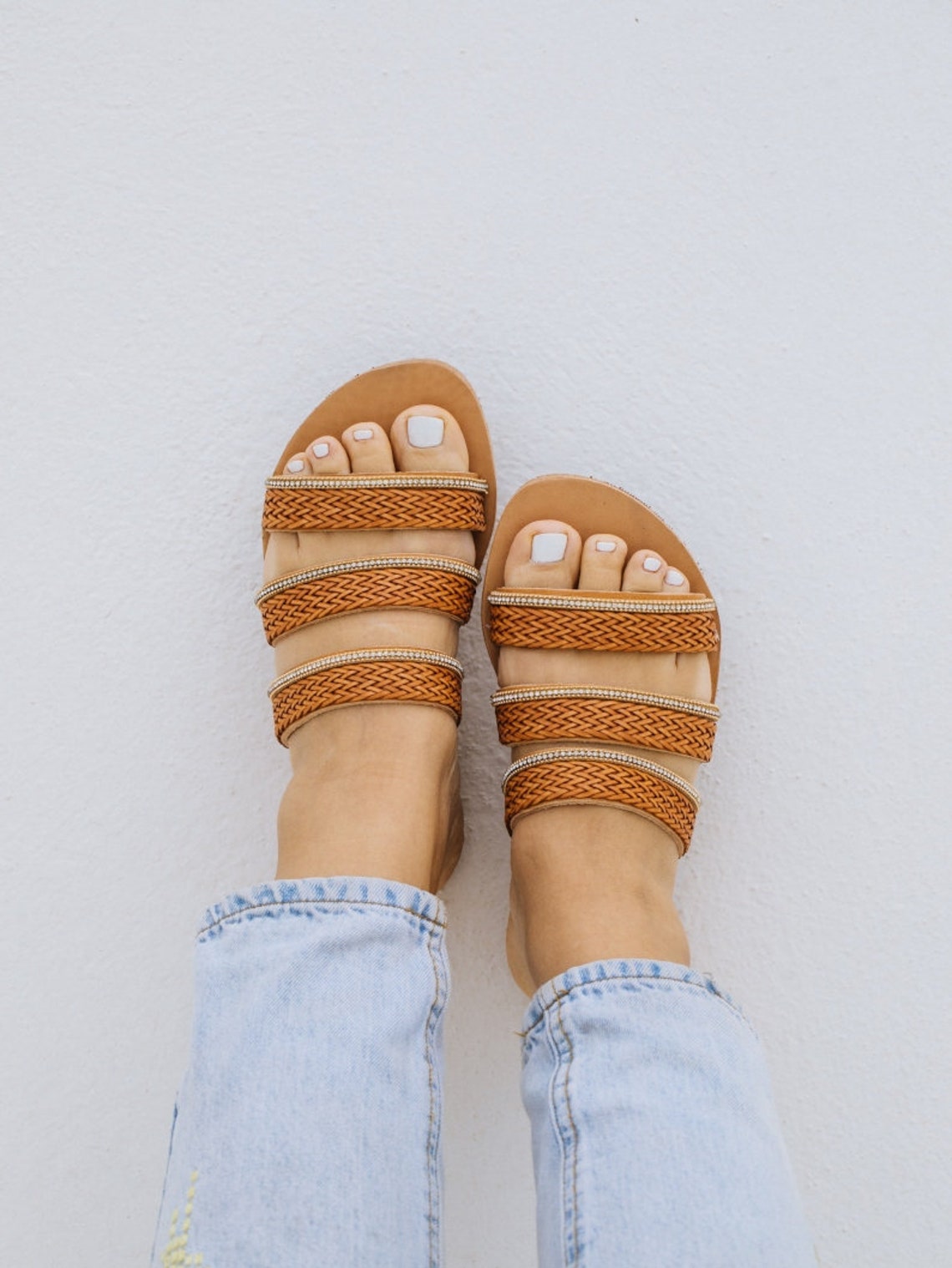 brown flat slip on sandals
