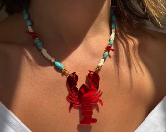Beaded Necklace, Lobster Necklace, Coral Pendant, Howlite Beads Necklace, Summer Necklace, Boho Jewelry