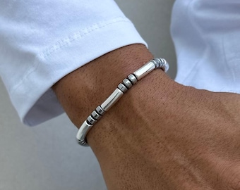 Mens Bracelet, Bracelet Silver, Beaded Bracelet Men, Hematite Beads Bracelet, Adjustable Cord, By Christina Christi Gift for him.
