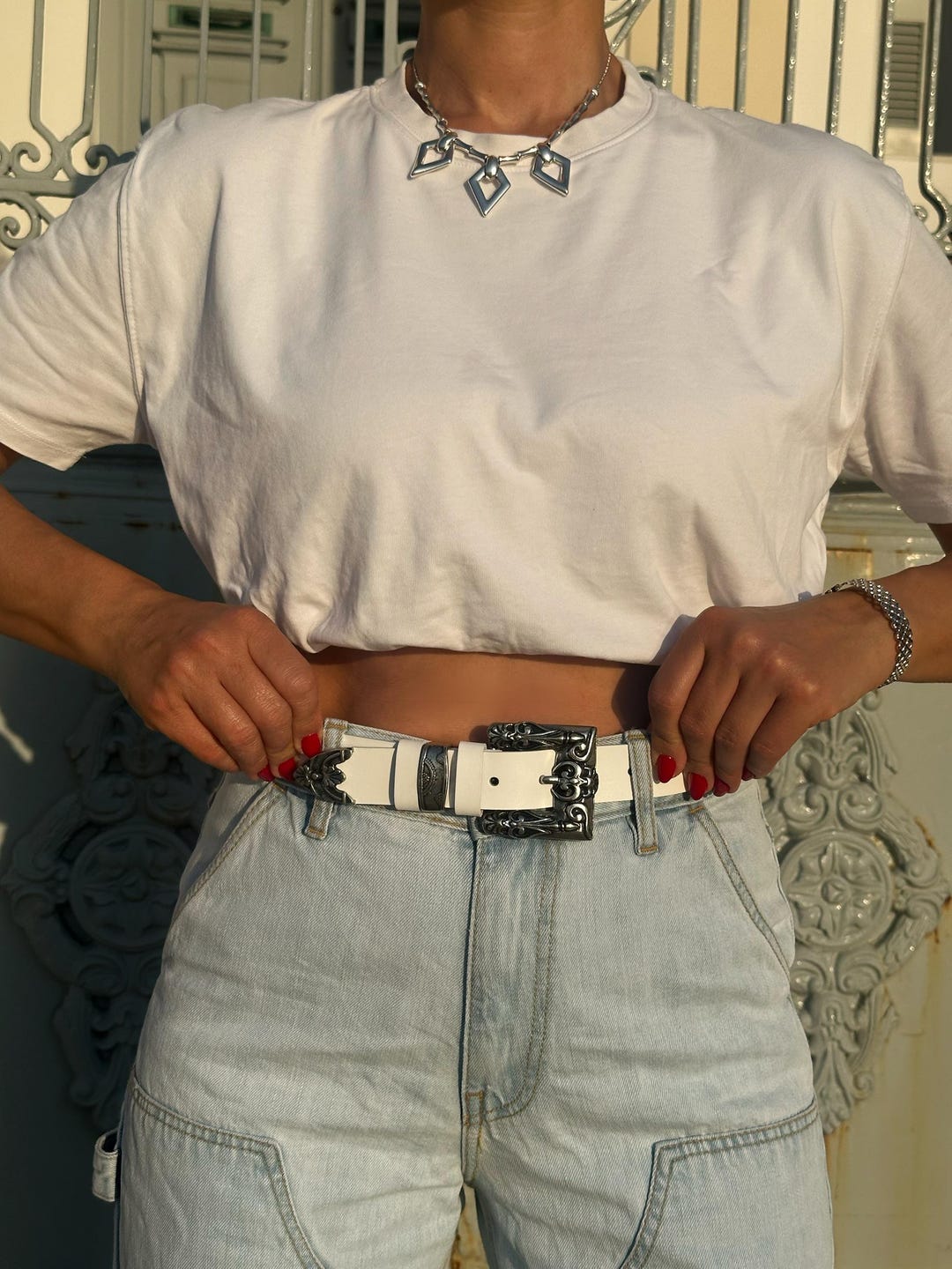 White Leather Belt, Boho Buckles Belt, Fashion Accessories  display picture 2