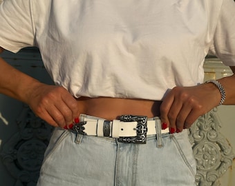 White Leather Belt, Boho Buckles Belt, Fashion Belt, Womens Accessories, Made in Greece.