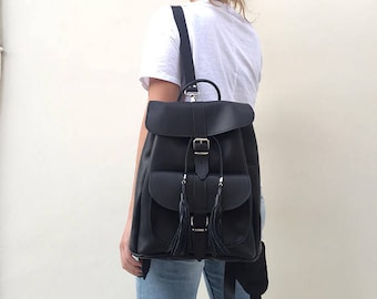 Womens Backpack, Women Leather Bag, Leather Racksack, Black Rucksack, Travel Bag, Laptop Purse.