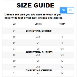 May include: A white size guide chart for sandals with the text How To Measure, SIZE GUIDE, and CHRISTINA CHRISTI. The table lists EU sizes from 34 to 43 with corresponding length and width measurements in centimeters, plus a toggle for CM and IN.