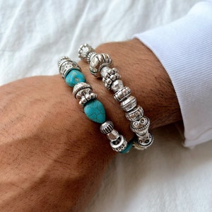 Strandarmbanden heren, grote kralenarmband, herenarmbanden zilveren kralen, herensieraden, cadeau voor hem, gemaakt in Griekenland.