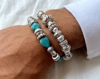 Beach Bracelets Men, Large Beaded Bracelet, Mens Bracelets Silver Beads,Mens Jewelry, Gift for Him, Made in Greece.