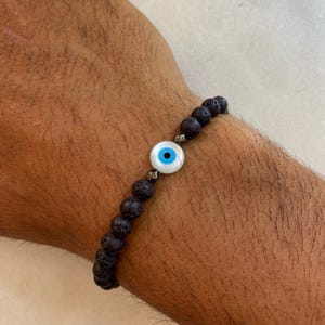 Men’s Evil Eye Beaded Bracelet, Adjustable Protection Jewelry, Handmade Round Charm Bracelet, Black Cord Bracelet, Gift for Him