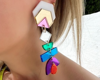 Clip multicolor en pendientes, pendientes colgantes, pendientes asimétricos largos, orejas no perforadas, regalo para ella, hecho en Grecia