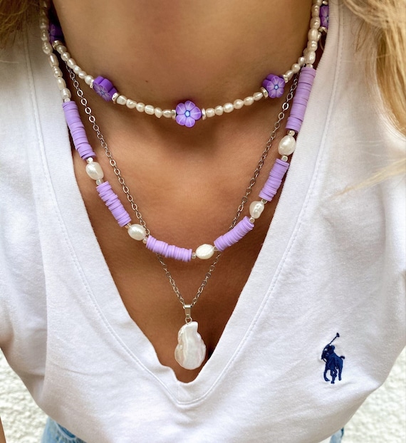 Pearls Beaded Necklace Purple Beaded Necklace Layering Necklaces Beach Necklace Freshwater Pearl Necklace Gift for Her