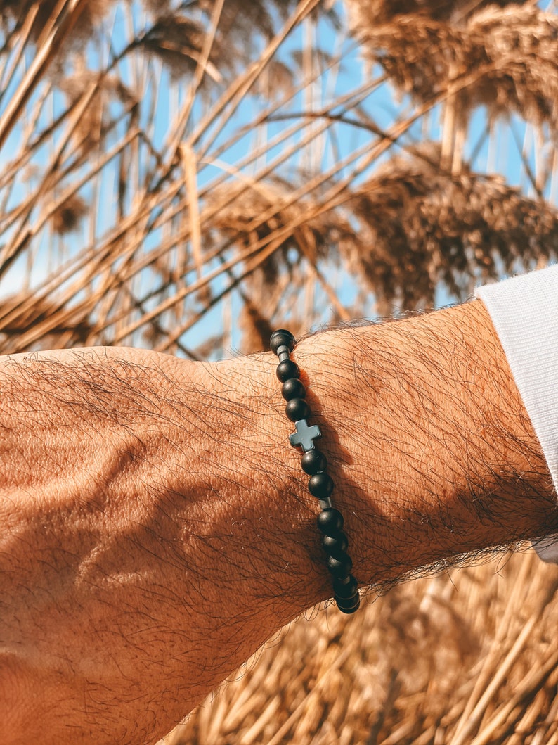 Men's Bracelet, Black Beads Bracelet, Men's Jewelry, Made in Greece, by Christina Christi Jewels. Black Beads & Cross