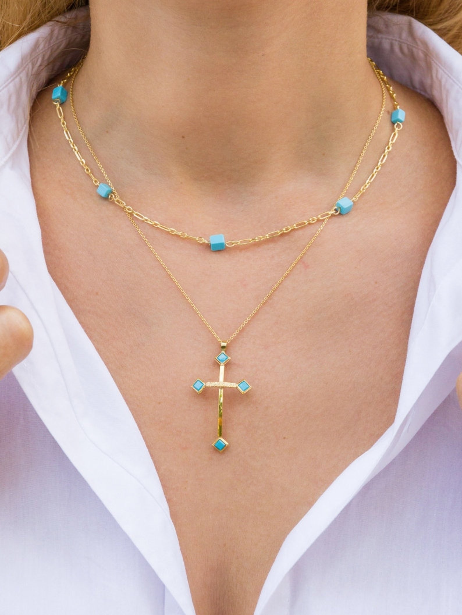 Real Turquoise Cross Necklace Dainty Necklaces Cross Etsy