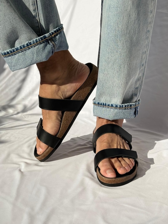 Mens Leather Sandals, Handmade Greek Sandals, Black Slides, Mens Sandals, Adjustable Summer Shoes Men