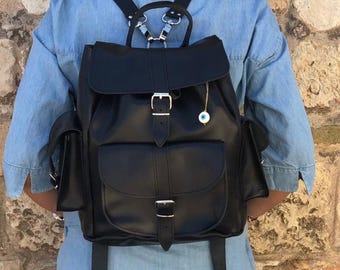 Women Leather Bag, Black Leather Backpack, Leather Racksack, Womens Rucksack, Laptop Purse