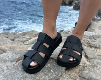 Black Leather Platform Sandals, Wedges Sandals, Women Sandals, Handmade Sandals, Summer Shoes, Made in Greece