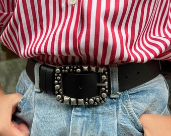 Black Leather Belt, Womens Belt, Waist Belt, Handmade Belt, Silver Buckle Belt, Made in Greece