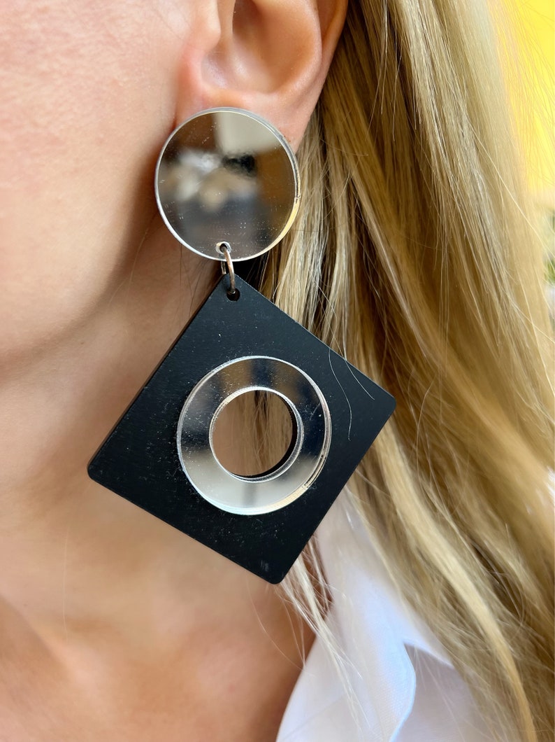 Long Rhombus Earrings Clip on Earrings Black Earrings Non Etsy