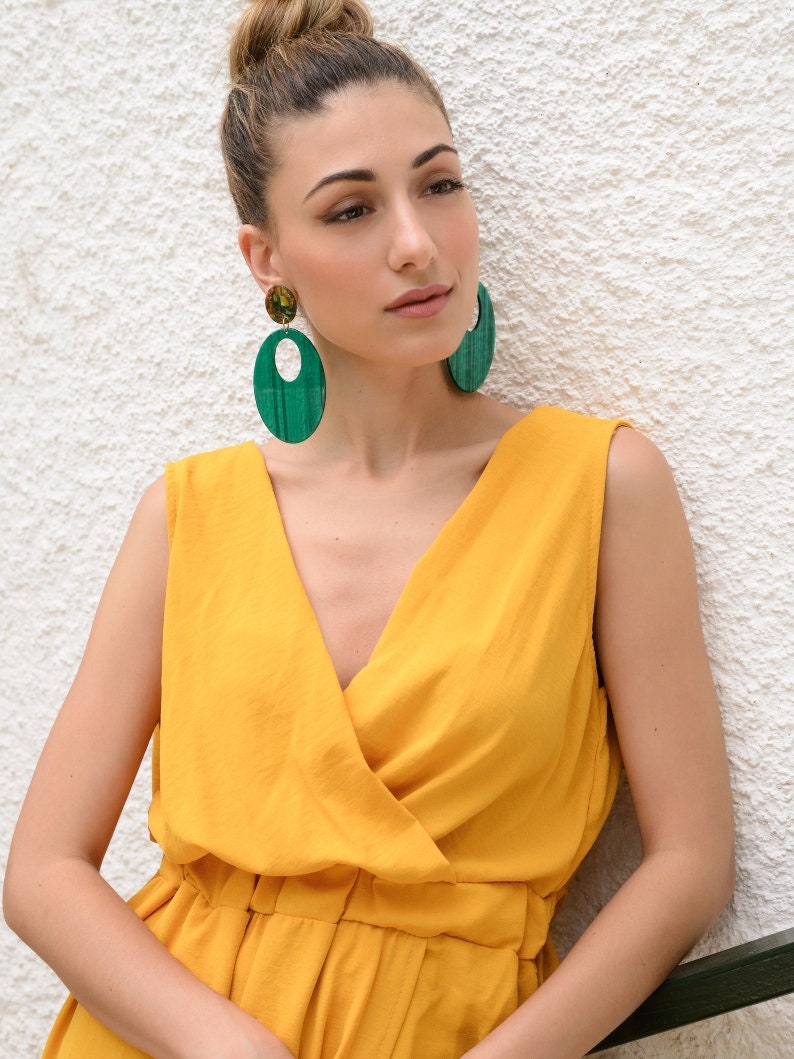 Green Clip on Earrings Boho Earrings Bohemian Earrings Oval Etsy